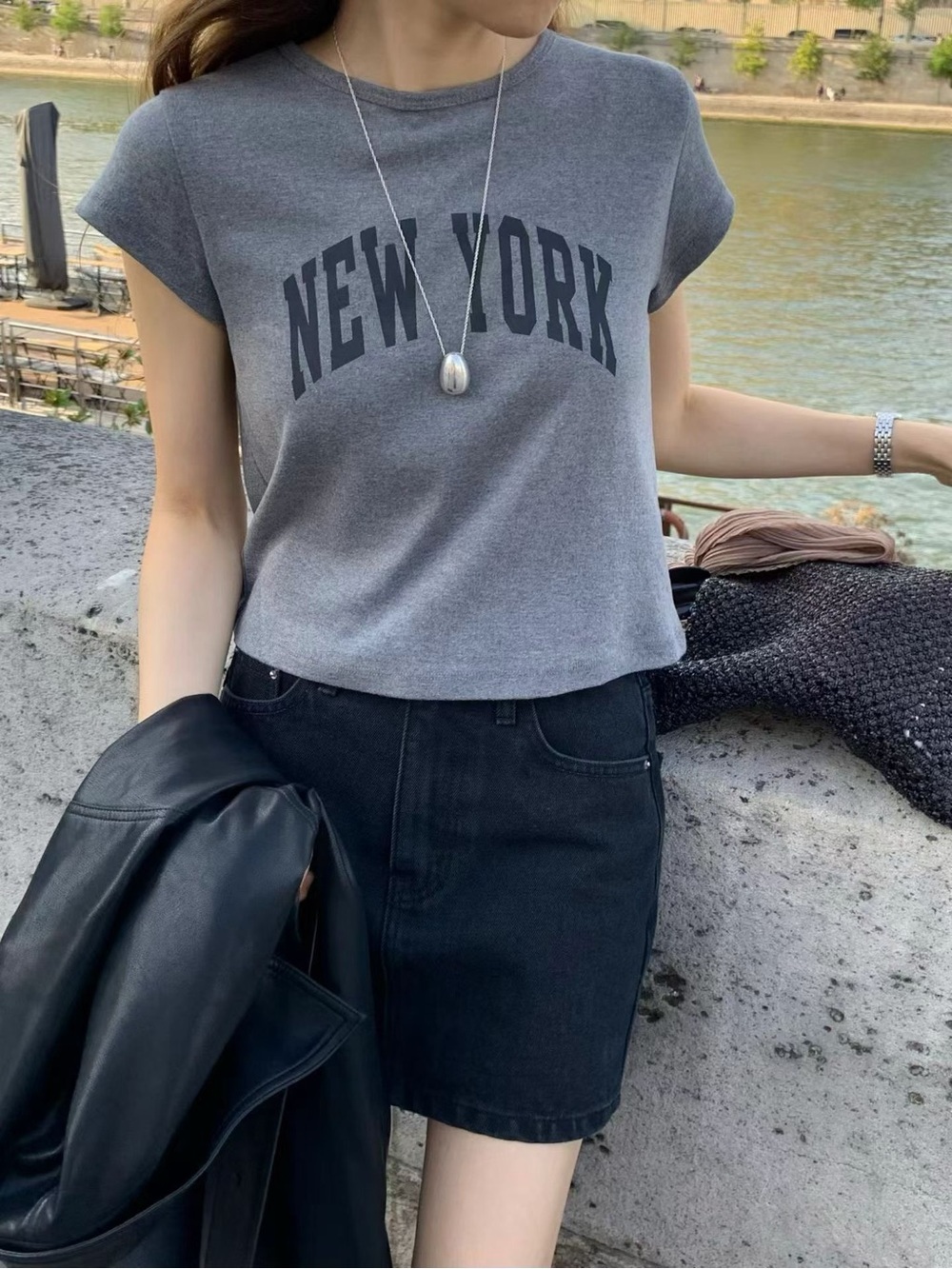 Gray 'New York' Cropped Graphic Tee - Women's Cap-Sleeve Top